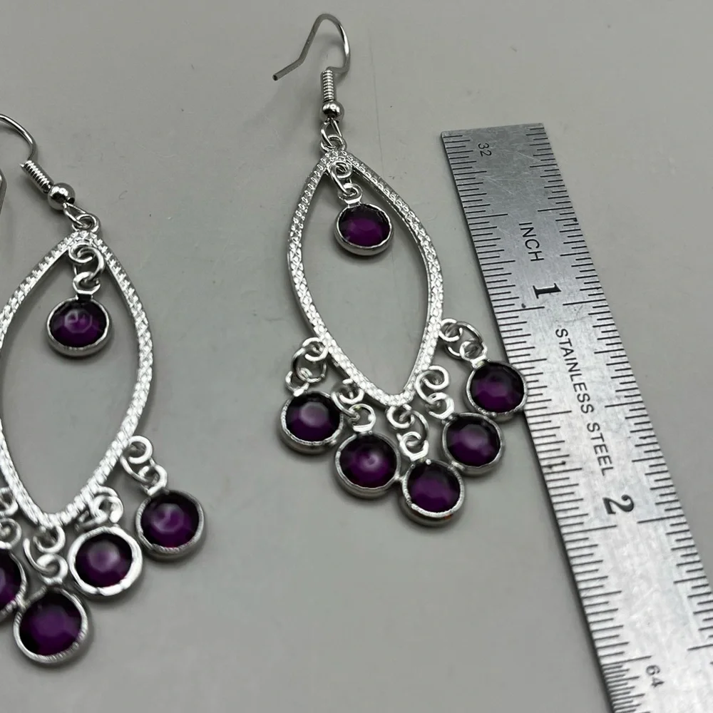 Silver and Purple Dangle Earrings - Picture 2 of 2
